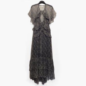 DÔEN Silk Chiffon Ruffle Trim Tie Neck Tiered Midi Dress in Black Floral Print